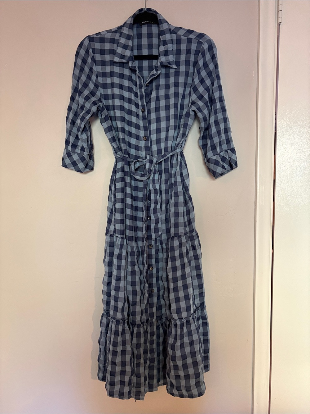Blue Gingham Midi Shirt Dress with Waist Tie